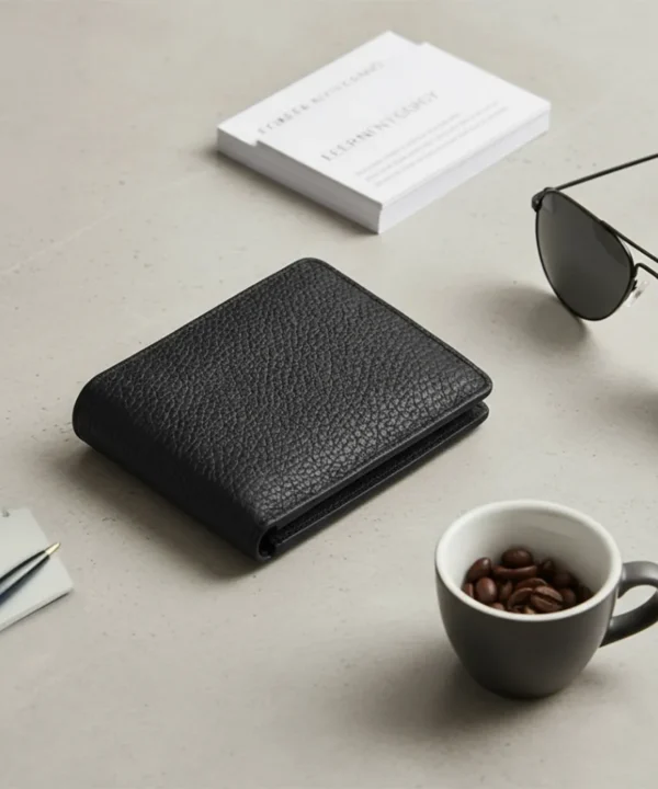 Grain Leather Bi-Fold Wallet for Men - Black