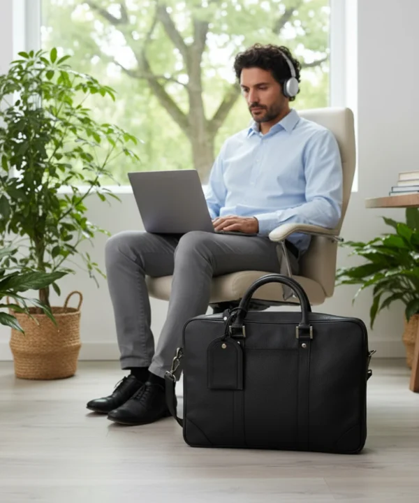 Stags Elite Black Leather Laptop Bag